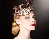 Leopard-Print Sinamay Pill Box Hat Fascinator EVITA Party Wedding Coctail Ascot Derby Royal Brown Crinoline Bow Feathers Handmade Headpiece