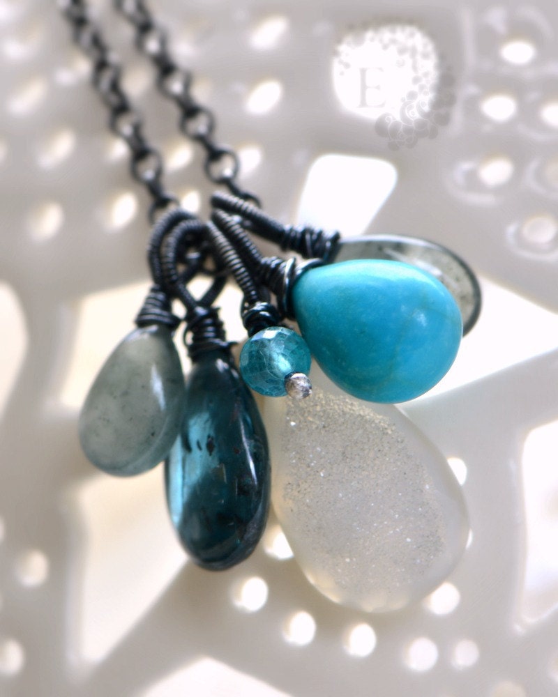 RESERVED oOo the OCEAN necklace oOo sea blue, turquoise and white gemstone cluster pendant in oxidised silver