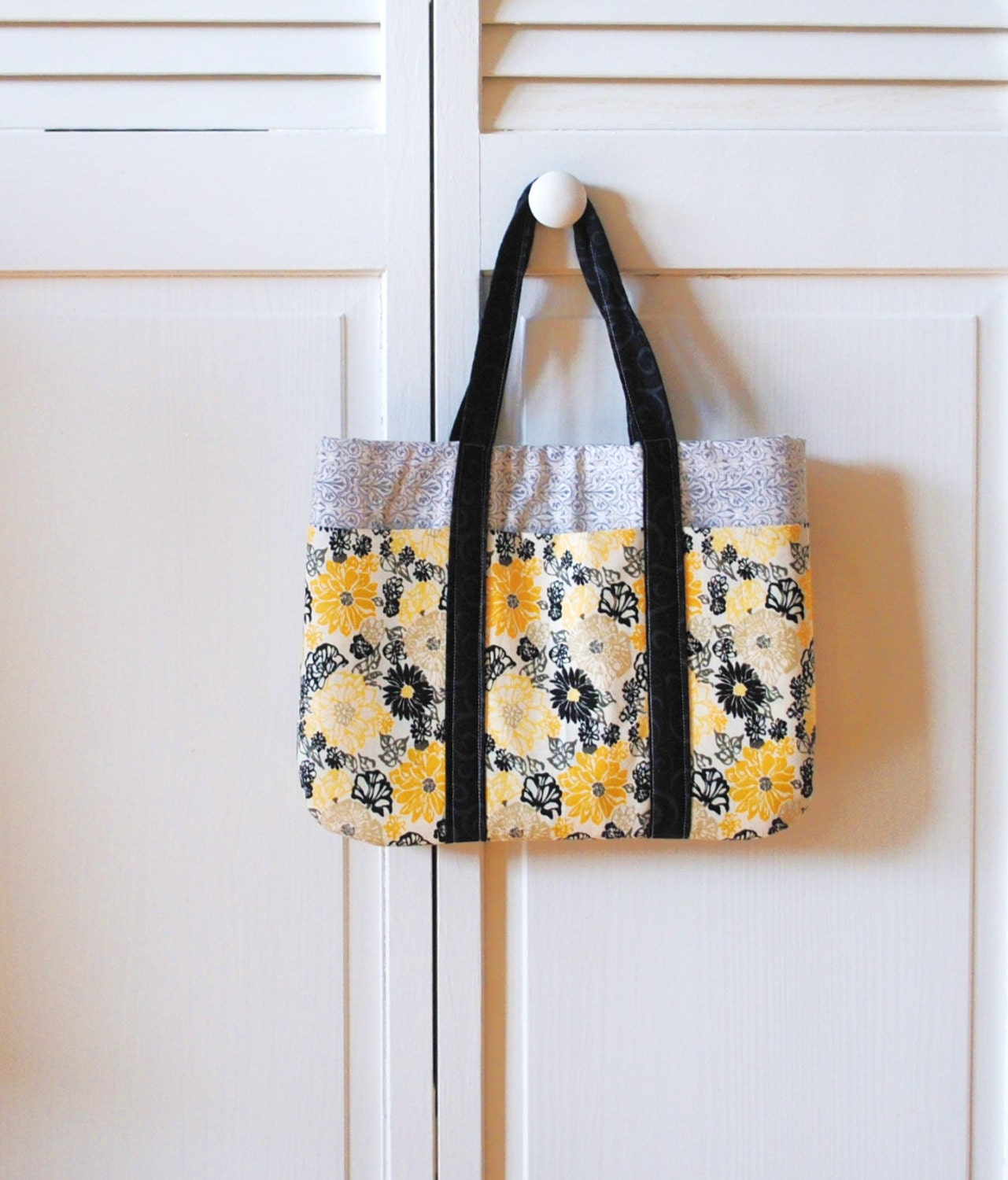 Black and Yellow and Grey Pocket Tote Bag, Shoulder Bag, Custom Tote Bag, Cotton Tote Bag