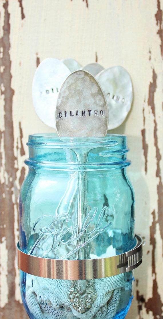 CILANTRO Vintage Spoon Garden Herb Markers - Antique Silver Plated - Hand Stamped - Rustic - Decor