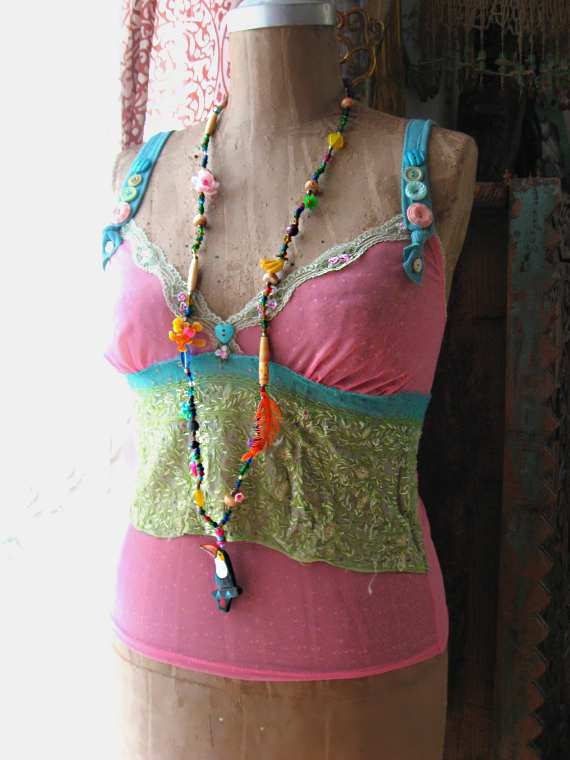 Tropical Toucan Necklace, Beaded, Vintage Flowers, Feather, Rainbow, Colourful, Bone, Bohemian