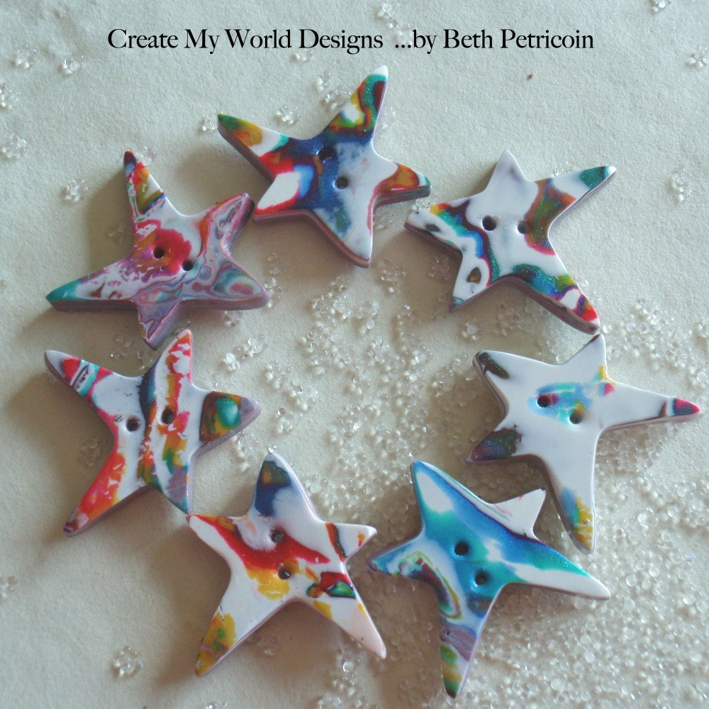 Rainbow Star Handmade Buttons Set of 7 Polymer Clay White, Red, Orange, Yellow, Green, Blue, Purple