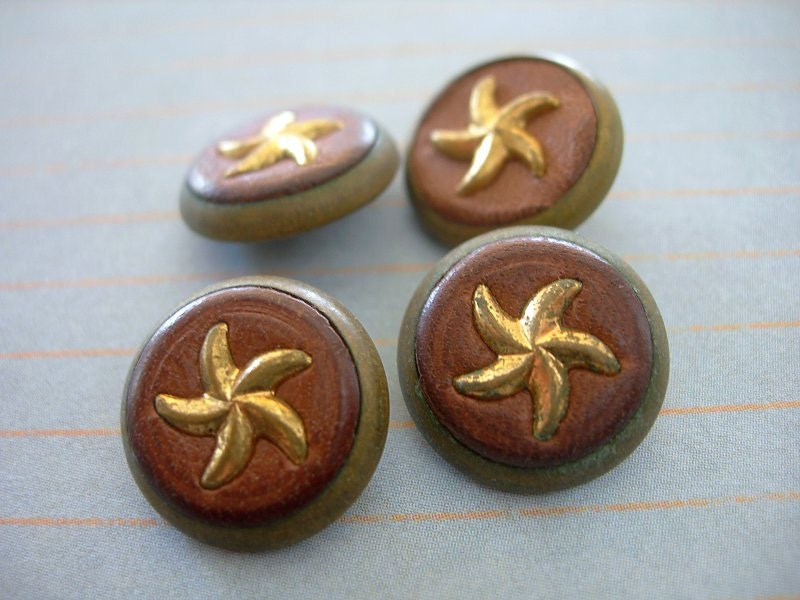 Vintage Brass Buttons with Leather and Stars 1/2 inch lot of 4