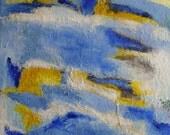 Abstract oil painting, "Seagold (ii)" blue, golden yellow, white, textural 16 x 13 inches