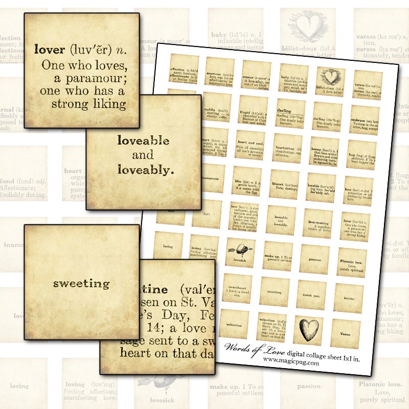 Words of Love inchies digital collage sheet 1 inch square for Valentines Day jewelry 1x1 25.4mm 25 mm amour
