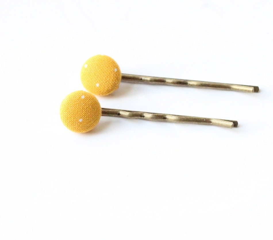 Yellow and White Polka Dot Fabric Button Bobby Pin Set of Two // by Nicoles Threads