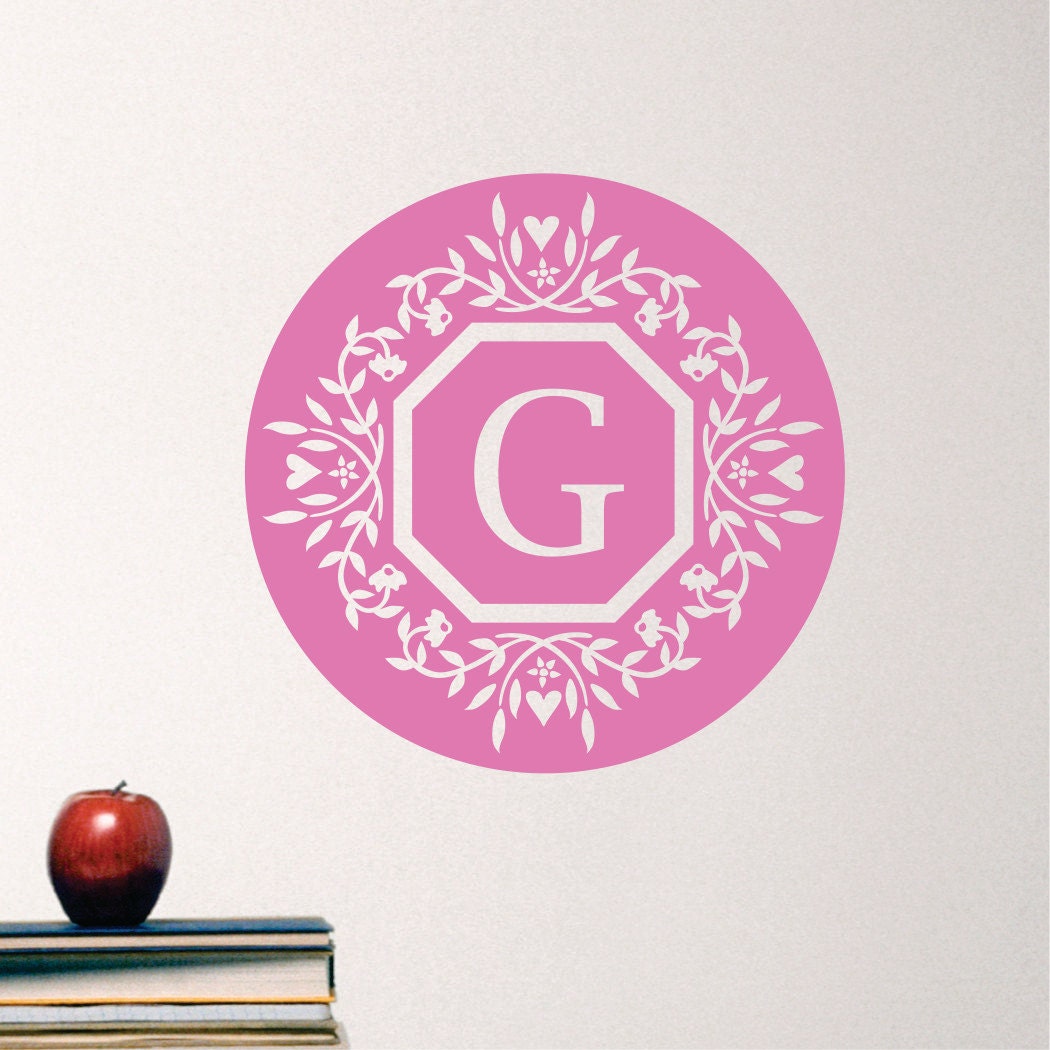 Personalized Monogram Wall Decals Floral Border Circle with Initial Vinyl Wall Art Nursery Monogram