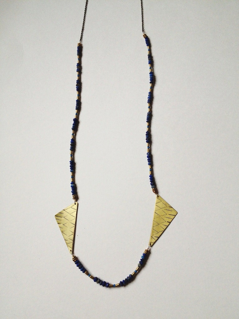 Niono Necklace - hand stamped brass triangles with lapis beads