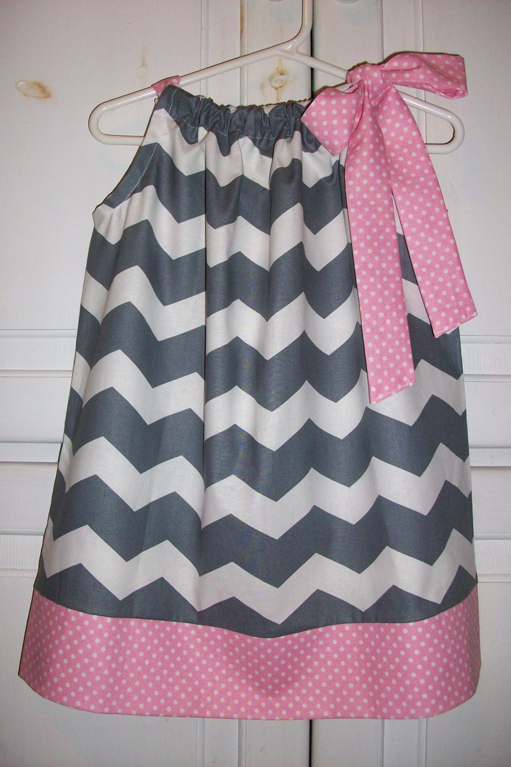 Pillowcase Dress CHEVRON Grey with Pink Dots Summer baby toddler girl