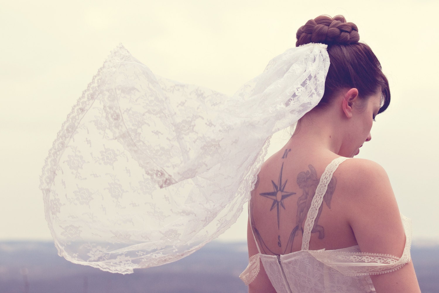 Bridal Veil, Wedding Veil, White lace fingertip length, Upcycled vintage bridal veil - the POET