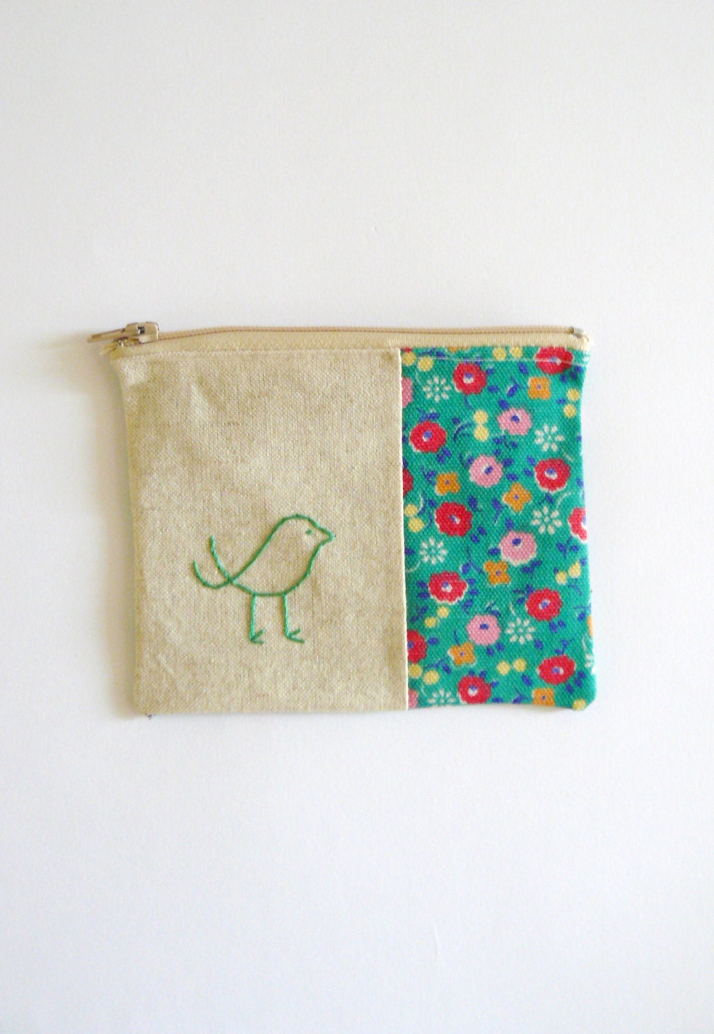 emerald green floral coin purse with embroidered bird