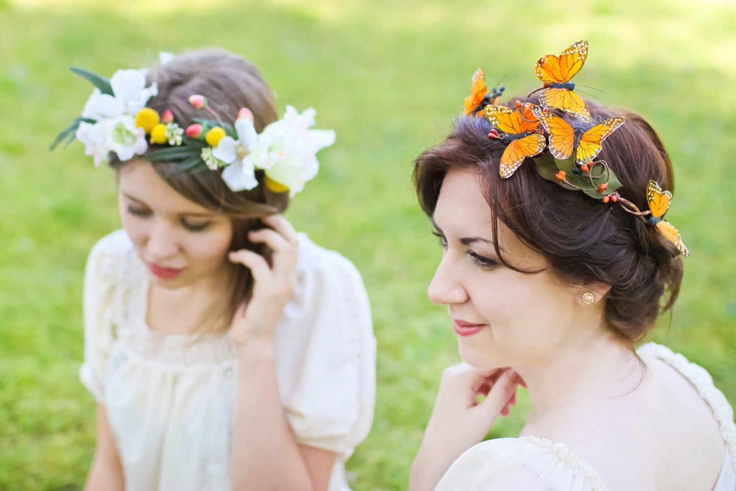 monarch butterfly hair circlet, floral crown, orange headpiece - PERCH - bridal hair accessory, butterflies, rustic wedding