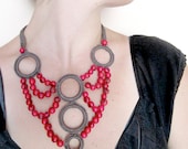 Red Beaded Bib Necklace, acai necklace, statement necklace, crochet necklace, big necklace