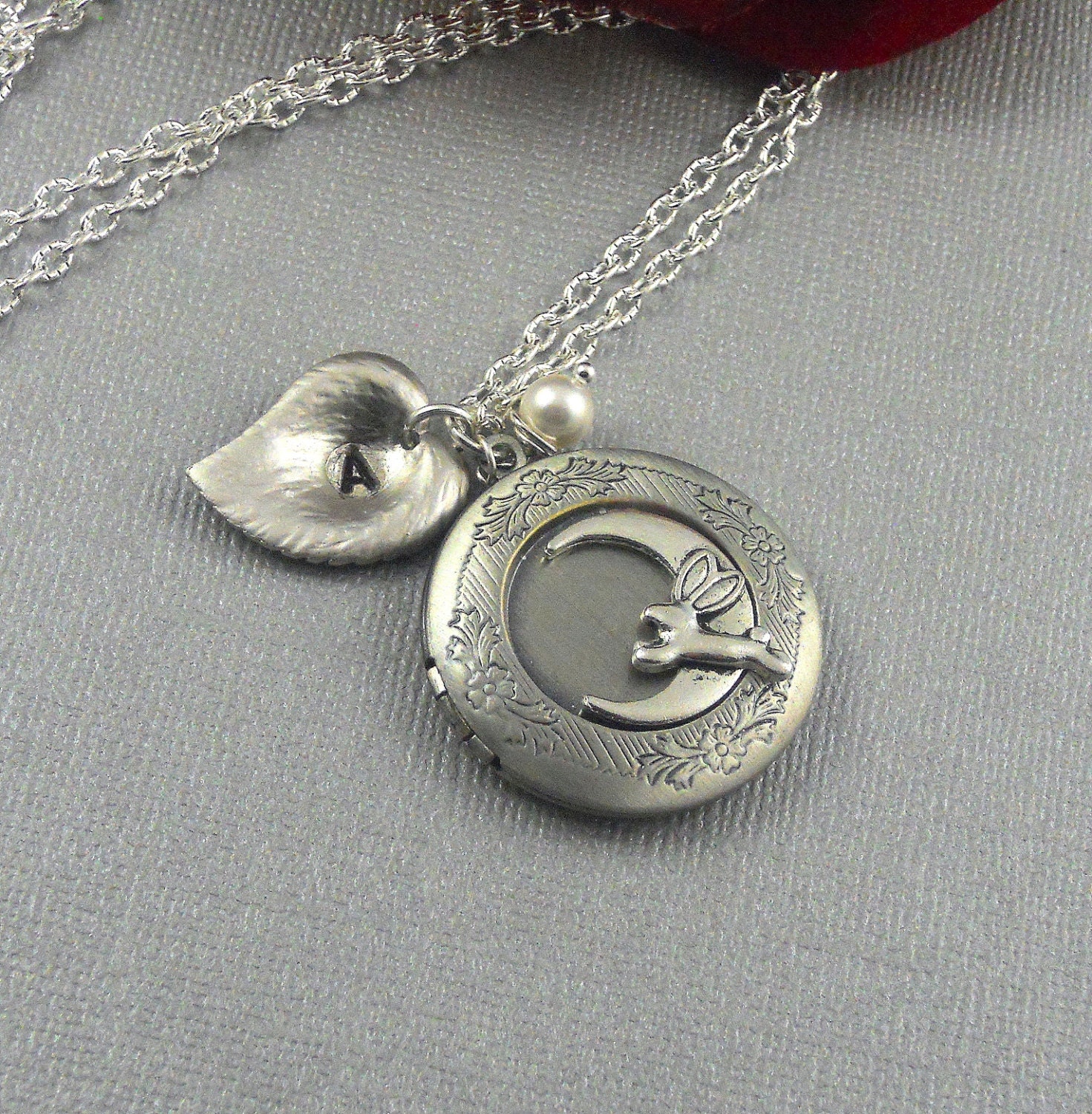 Bunny Rabbit Love, Moon, Heart Shaped Leaf, Woodland, Custom Initial, White Swarovski Pearl- Love You Moon And Back