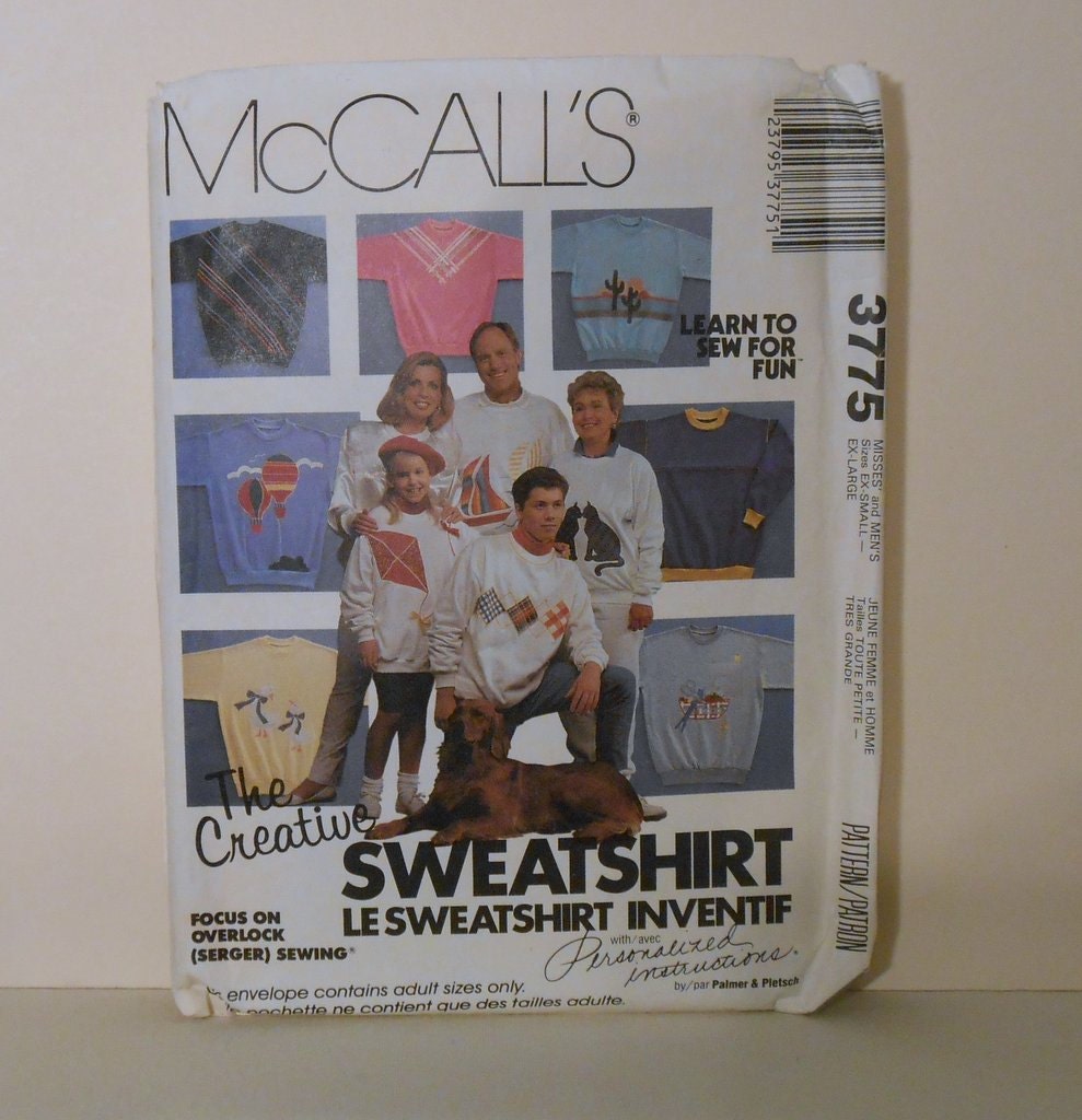 Child to Adult Sweatshirt with Embellishments Unisex Sizes EX Small to EX Large UNCUT Vintage McCalls 3775 sewing pattern