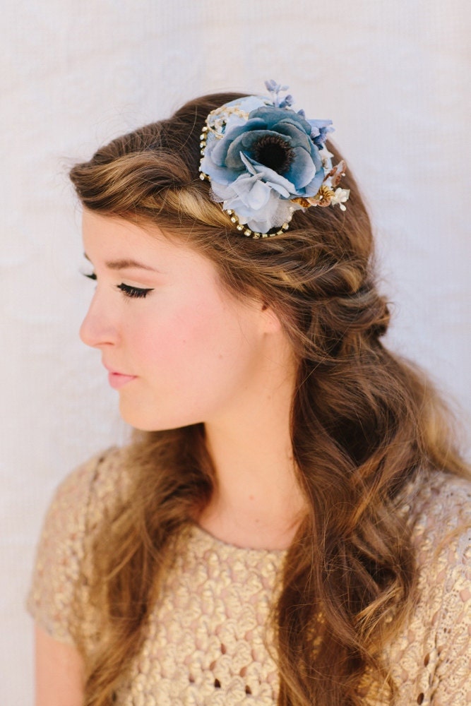 Bridal Mini Hat, Blue Flower Hair Piece, Wedding Headpiece, Bridal Hair Clip, Bridsmaid Hair Piece, Brynn: Made to Order, Ships in 1 Month