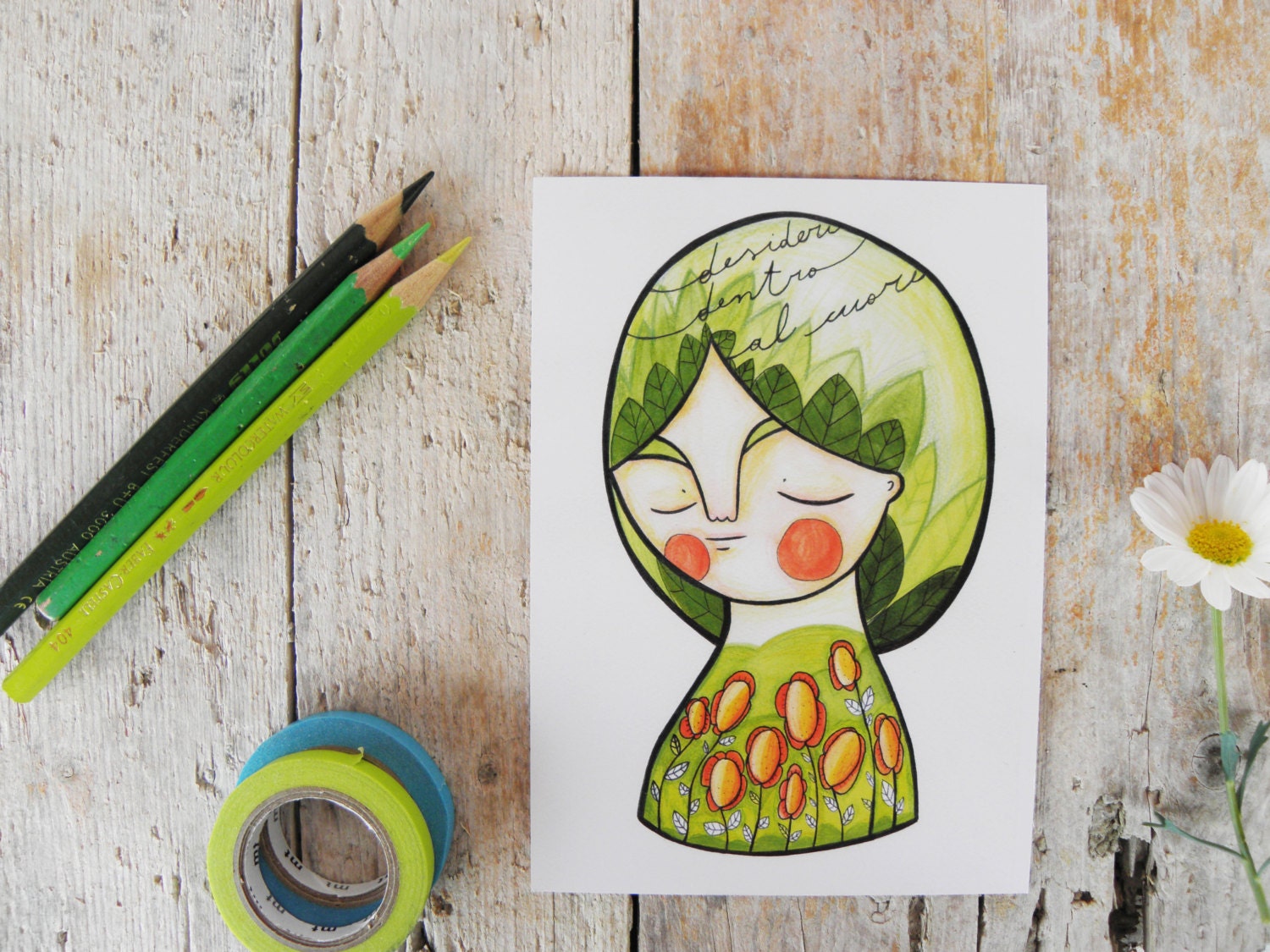Spring postcards green flowers girl portrait illustration (set of 5)