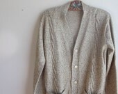 Vintage 70s Tan Brown Cardigan Cable Knit Wool Sweater