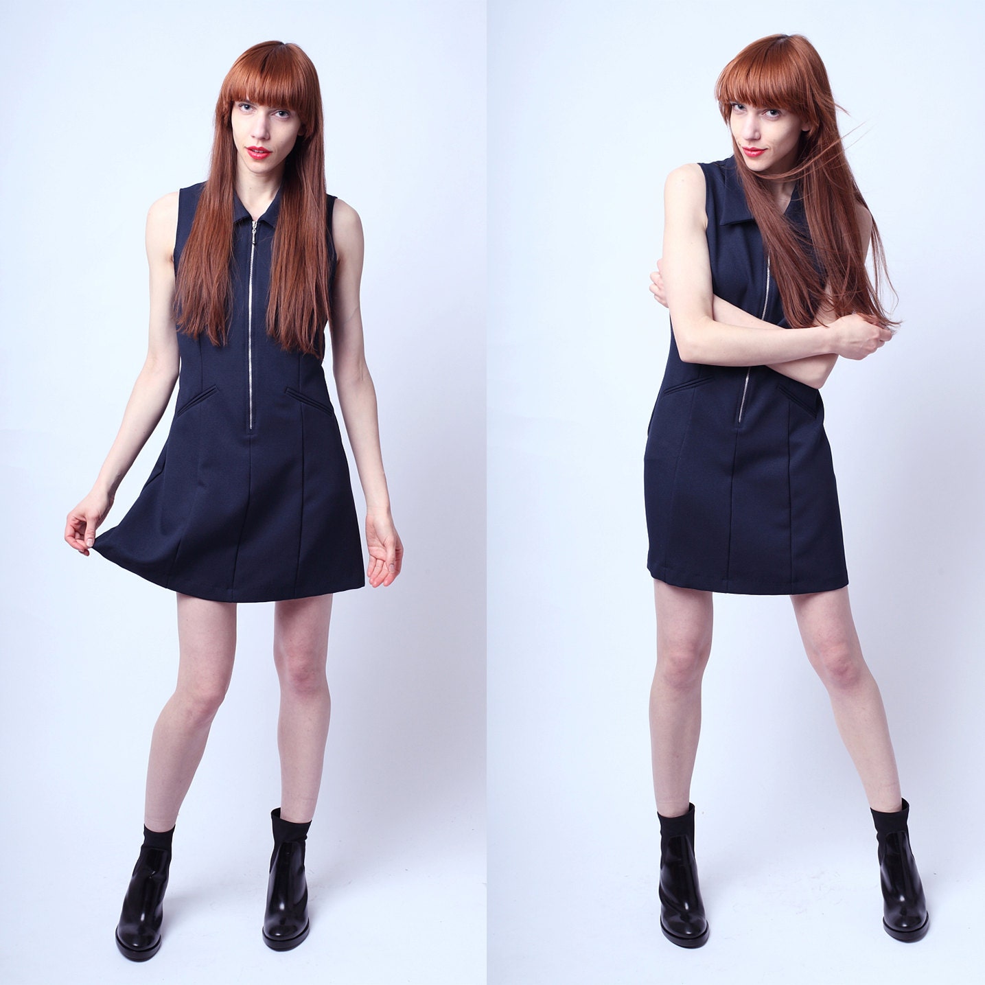1980s Margie Late Night Diner Navy Mini Zipper Dress M