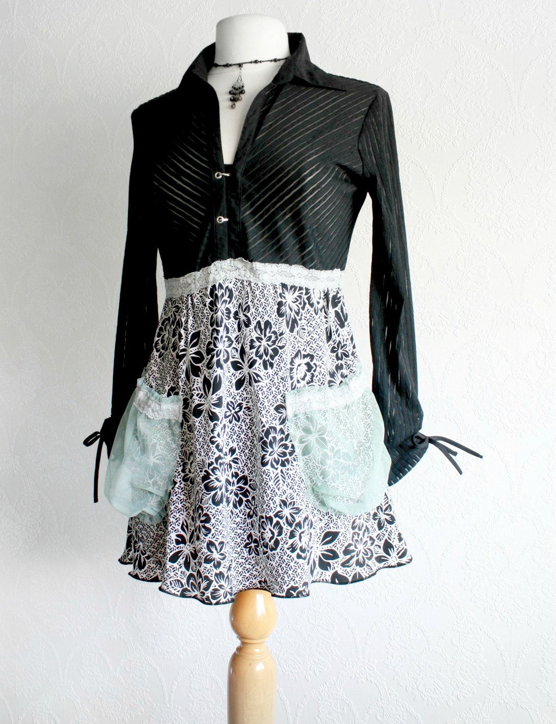 Black and White Women's Blouse Bohemian Shirt Upcycled Clothing Long Sleeve Top Aqua Green Pockets Retro Clothes Small 'CIARA'