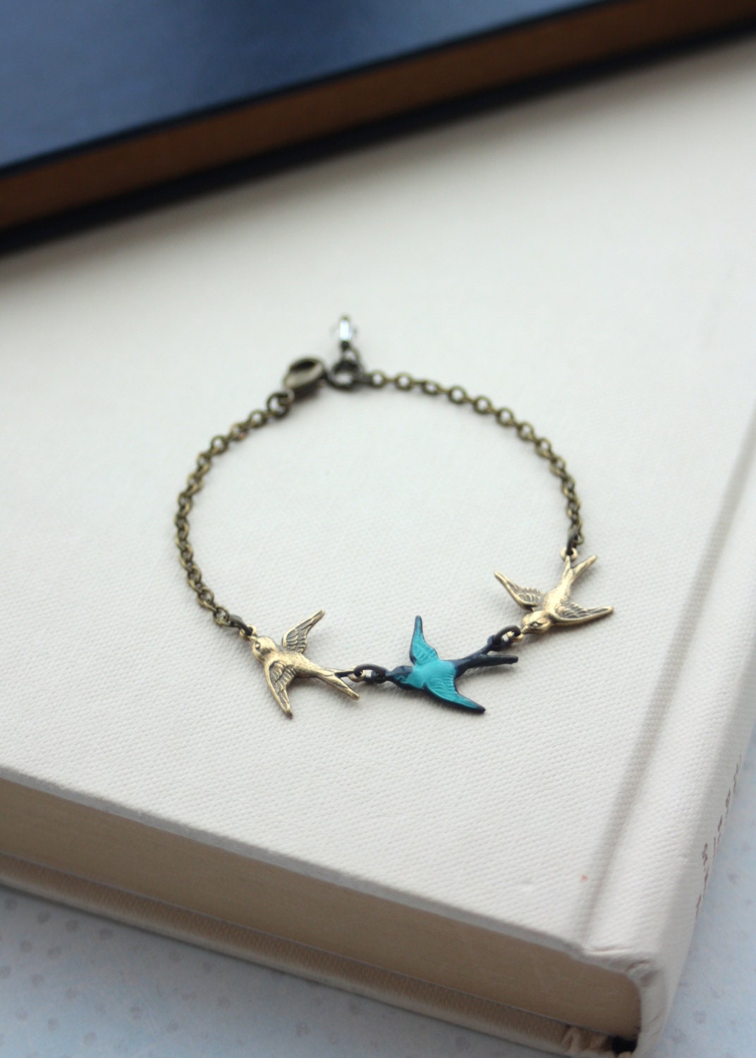 Three Tiny Brass Flying Swallow Bird Teal Bracelet. Mother Daughters. 3 Sisters. Best Friends. Seniors Graduation. A Family of 3. New Baby.