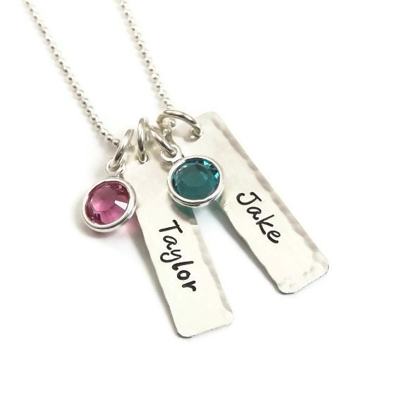 2 Tiny Tags Mom Necklace - Hand Stamped Personalized Charms with 2 Swarovski Crystals