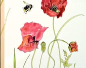 Red Poppies Original Acrylic Painting  Bees Buzzing Canvas Artwork by Laurie Rohner