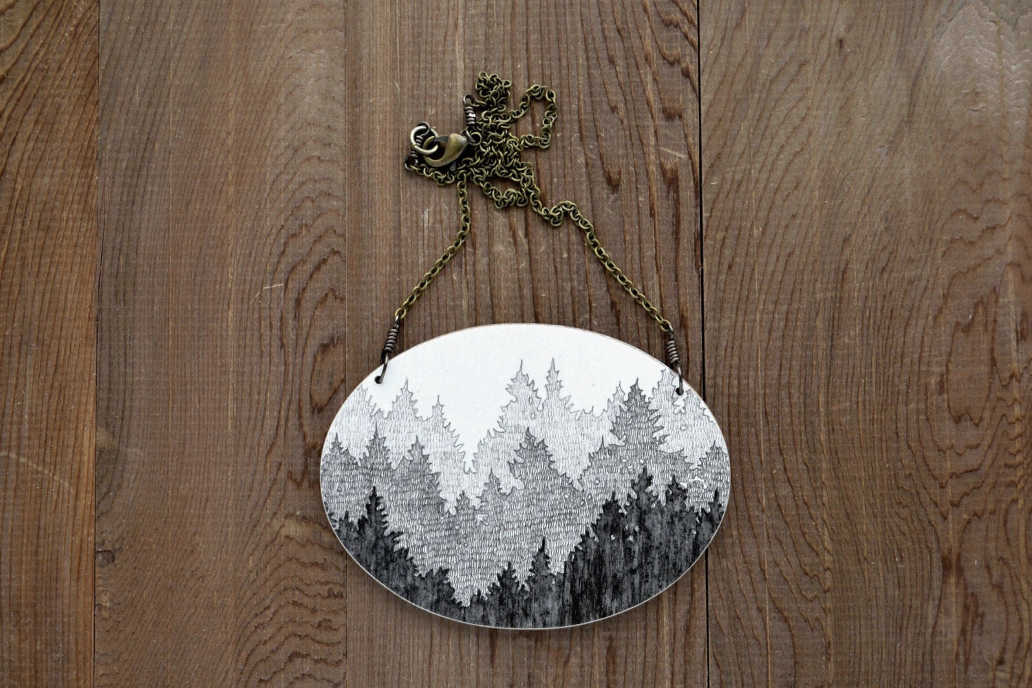 Large Boreal Necklace in Antique Black and Graphite - Hand Painted Tree Artwork Pendant