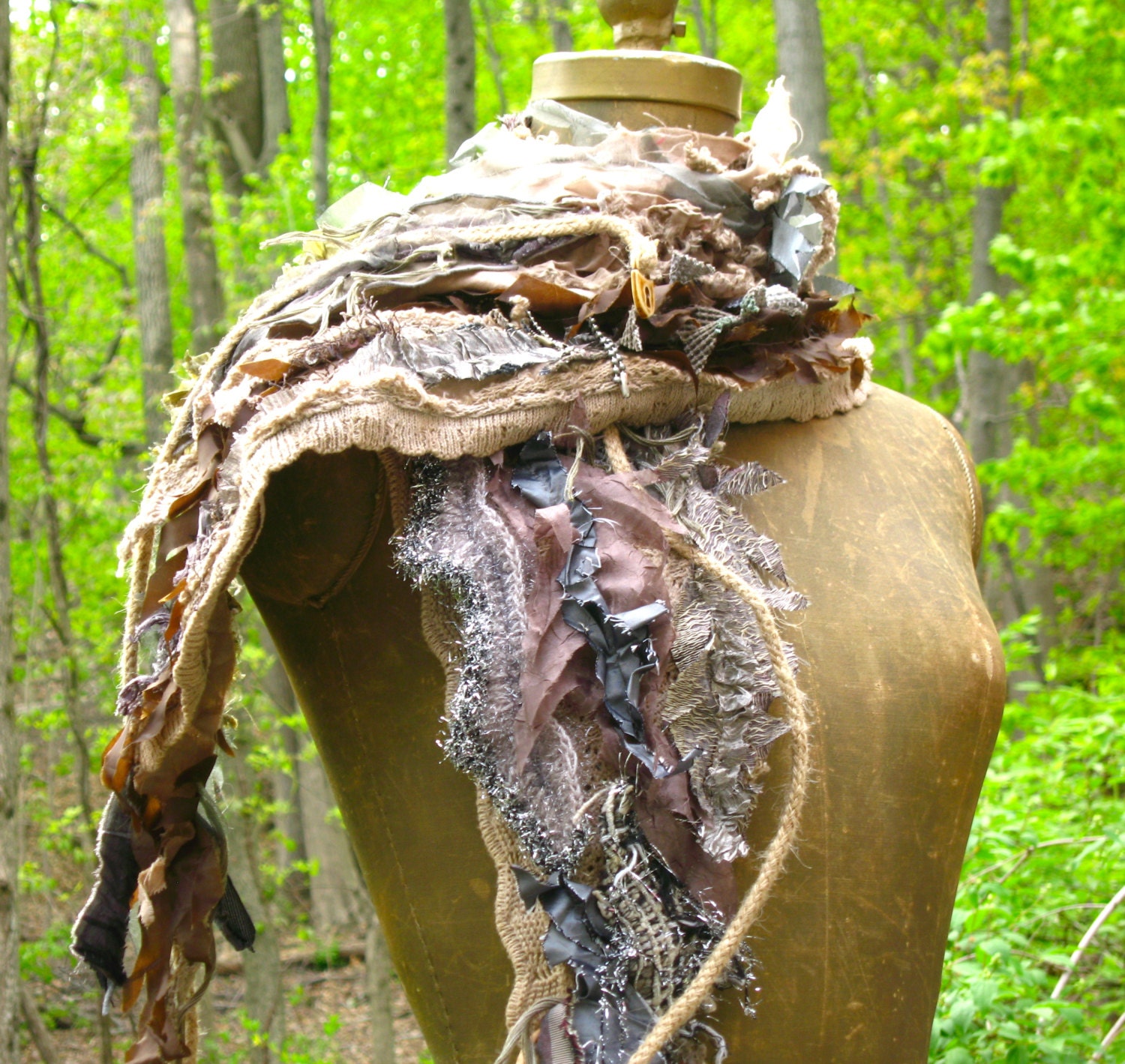Tattered Rugged Haute Hippie Linen UNISEX SCARF/ SHAWL/ Wrap with texture and linen leaves closure