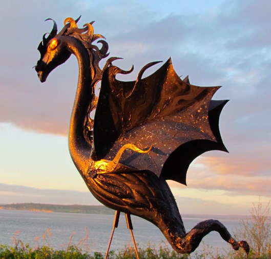 Smoke Dragon Flamingo - handmade, yard art sculpture created from a recycled pink plastic flamingo.