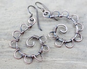 Playful Solid Copper Spiral Earrings, all metal wire wrap, airy spiral copper earrings, petals, artisan copper jewelry, niobium earring hook
