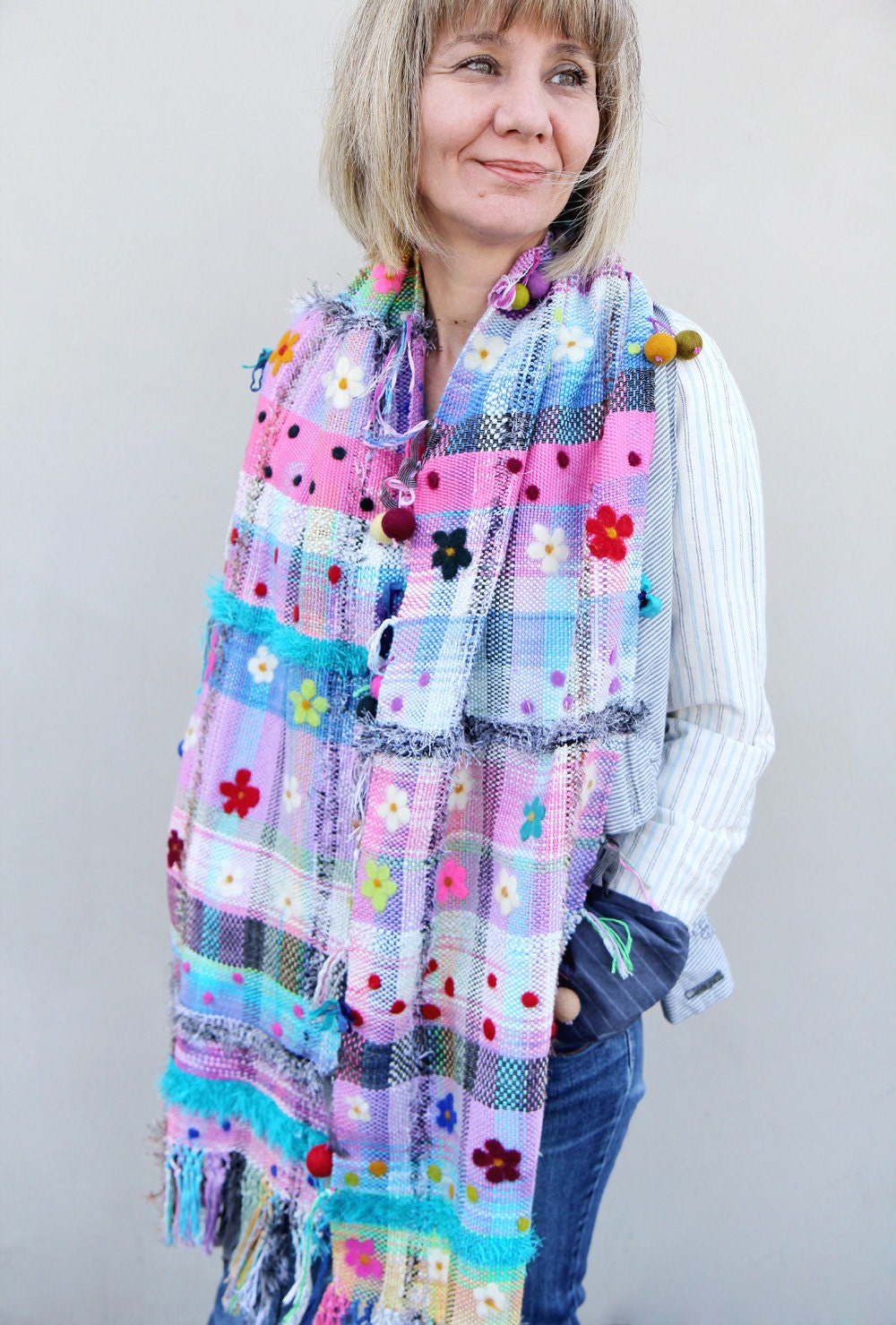 Made to order hand woven and felted flax merino wool bamboo yarn scarf pastel pink blue multicolor shawl rustic hippie style spring fashion
