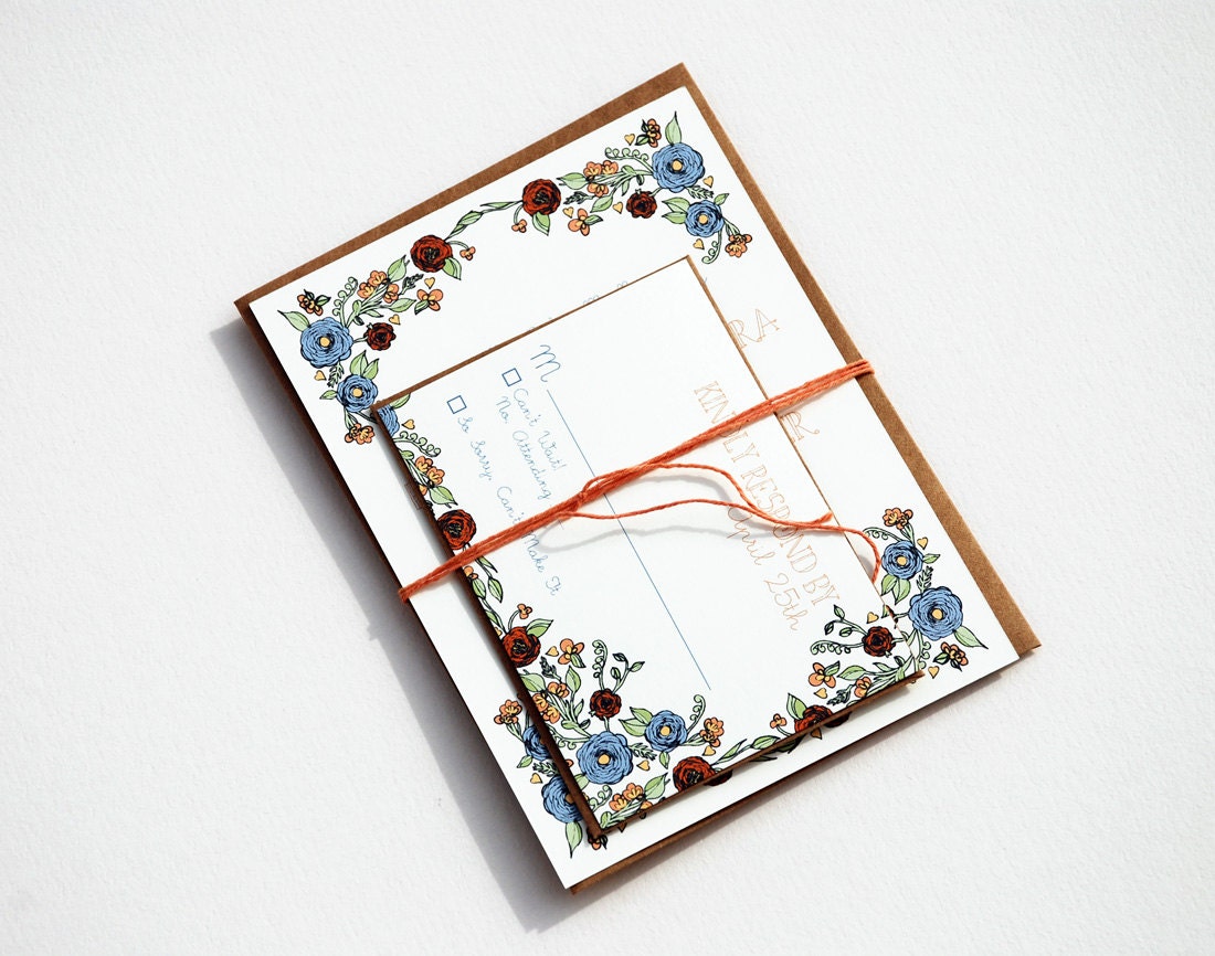 The Emily Collection - Ranunculus Floral Wedding Invitation Set in Periwinkle, Peach and Yellow with Kraft or Cream Envelopes - SAMPLE