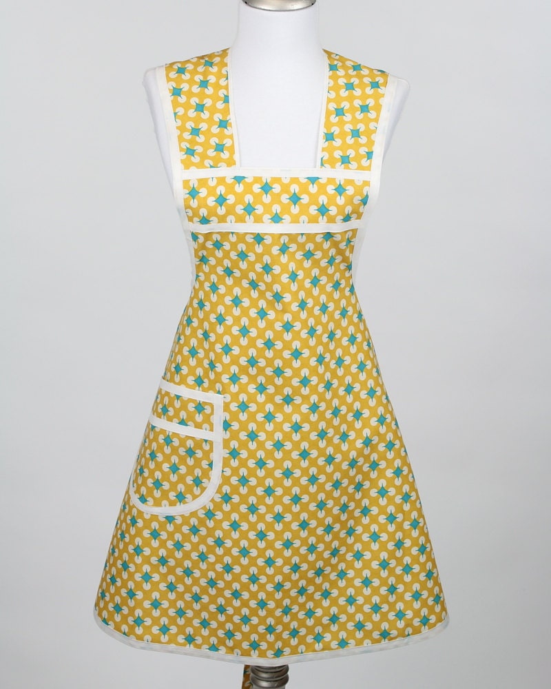 Retro Full Womens Apron Yellow Polka Dot and Atomic Blue Fabric
