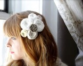 Wedding Rosettes Couture Bridal Hair Piece White Ivory Tan and Yellow Silk and Cotton Roses with Rhinestone Embellishment Ready to Ship