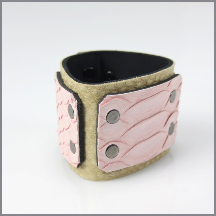 Pink Python with embossed Ostrich Leather Cuff - LARGE