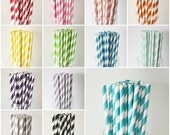 200 Striped PAPER STRAWS -13 colors to choose from -  w/ DIY printable flag - vintage retro wedding bridal shower baby shower birthday party