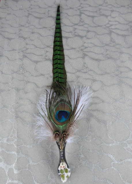 Green Striped Pheasant Feather Hair Clip w Peacock, Howlite Skull, Lace, Labradorite, Perridot, Amethyst Gemstone Beads, Brass Wing Charm