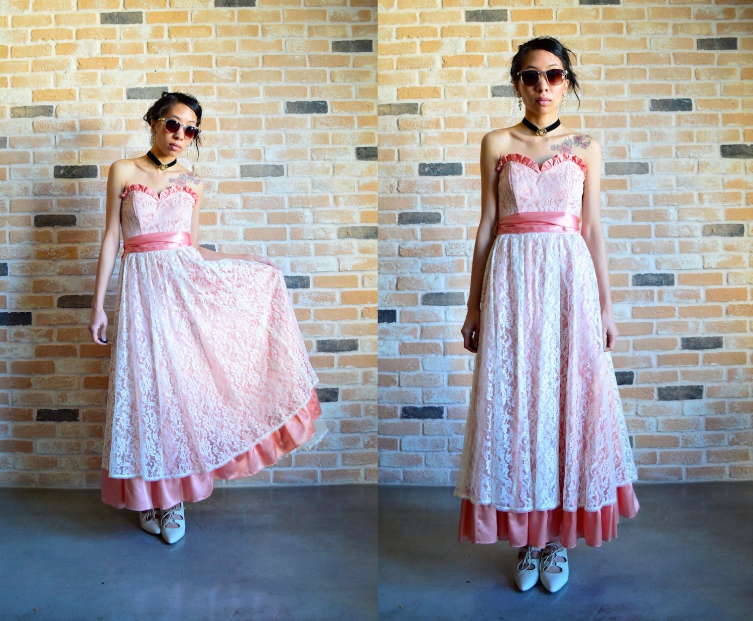 60s Sweetheart Prom Dress - Gunne Sax by Jessica McClintock - strapless heart neckline - floral Lace overlay & tulle lining - extra small XS
