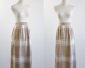 Vintage 1980s Plaid Skirt -- 80s Checked Beige and Cream Skirt -- Large