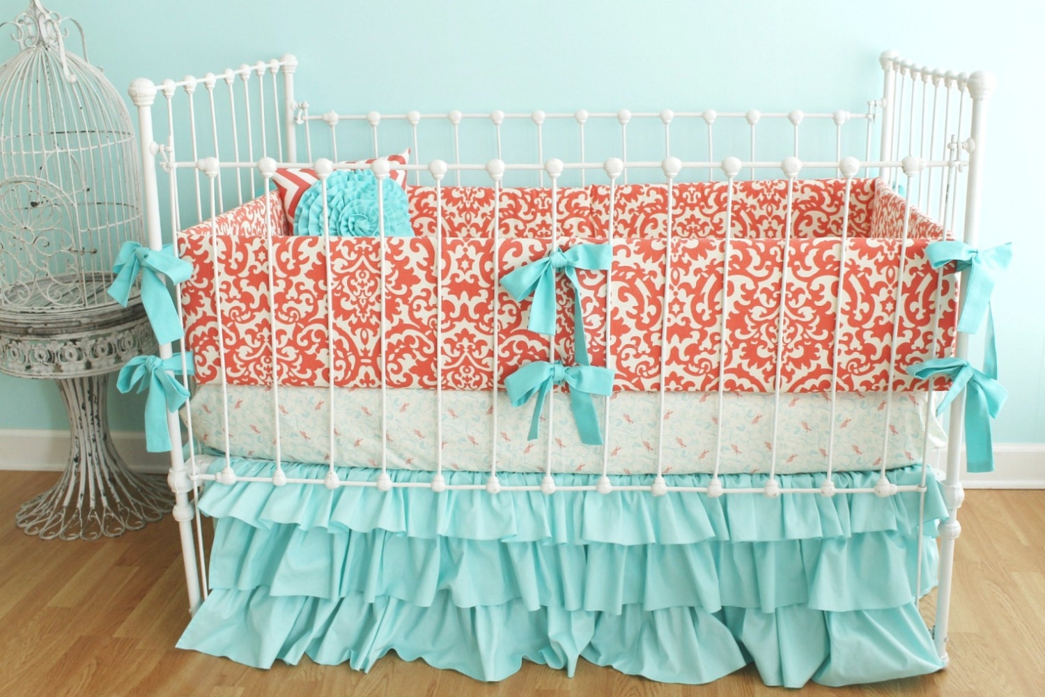 Coral crib bedding-  Coral Aqua Damask Ruffles 3 piece sert