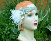 mariella - flapper headband with vintage sequin flowers, silver trim, beaded fringe and repurposed white ostrich feathers- ready to ship