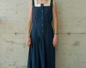 Vintage Navy Dress / Half Pleated Skirt Dress / Vintage Sleeveless Summer Dress