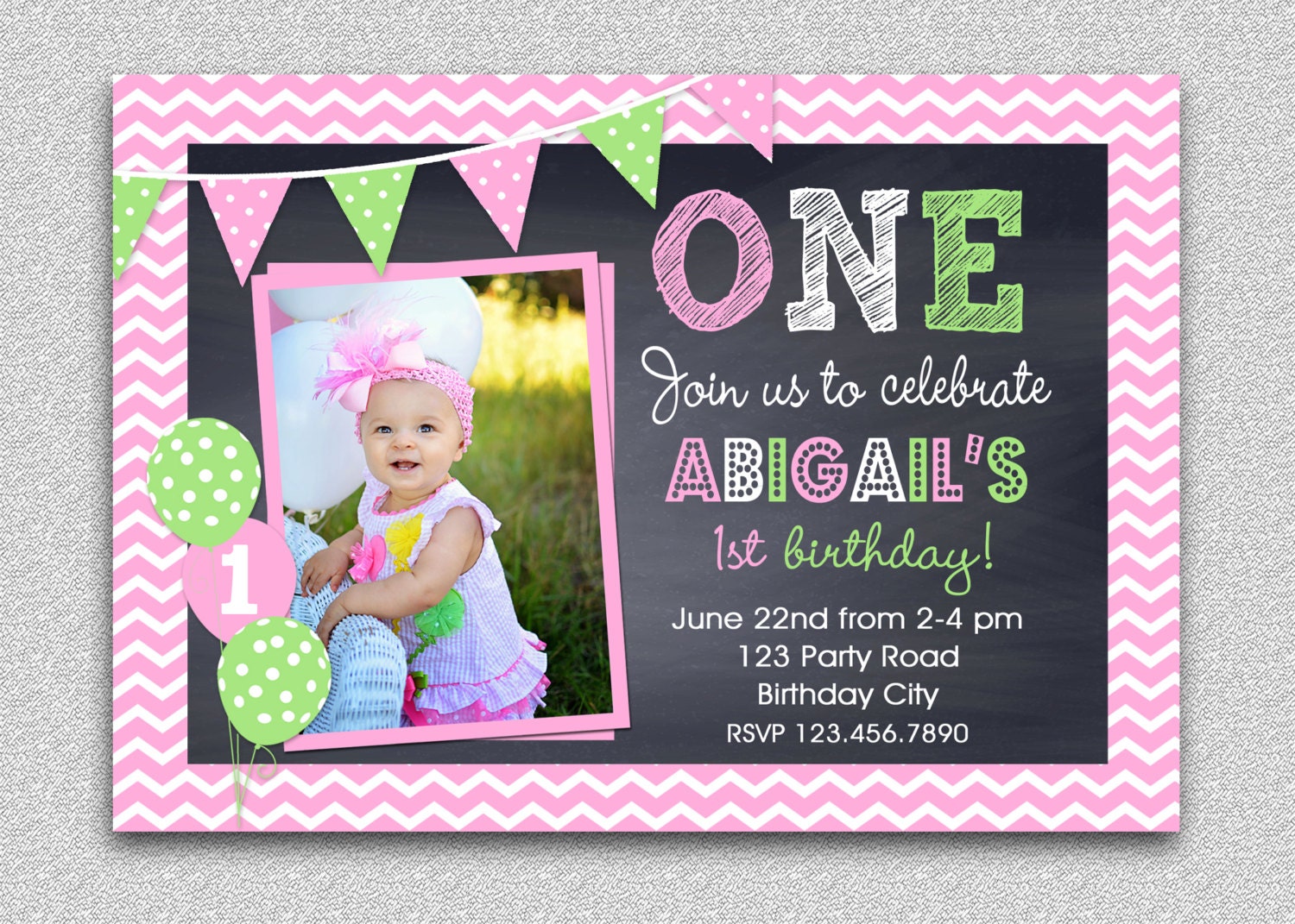 Pink and Green Chalkboard 1st Birthday Party Invitation Il_170x135