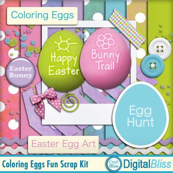 Easter Digital Scrapbook Kit - Coloring Eggs Fun Kit - INSTANT Download - Digital Papers Elements Easter Spring -Pink Blue Purple Green Il_570xn