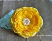 Baby Headband. Newborn Prop Bright Yellow Flower Headband on Aqua Lace Headband. Newborn Headband. Baby Girl Headband.