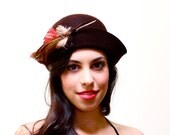 Vintage Brown Wool Feather Hat - Mid Century 1960s Pheasant Fedora Hat / Chocolate Brown Fashion