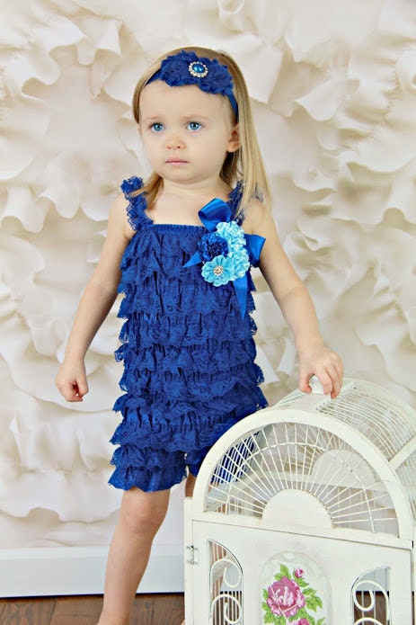 2 Piece Set - ROYAL Blue Embellished Lace Romper with matching Shabby Chiffon Double Flower Headband / Pearl Rhinestone / Perfect Photo Prop