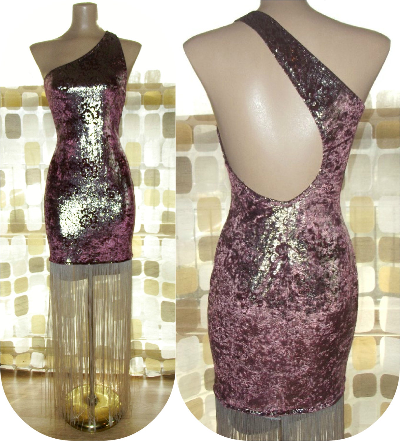 Vintage 80s Velvet & Lurex Burlesque Fringe Hem Dress M/L Open Back Flapper Dance Costume