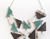 Handmade porcelain jewelry triangle statement bib necklace in turqoise grey and white glazes